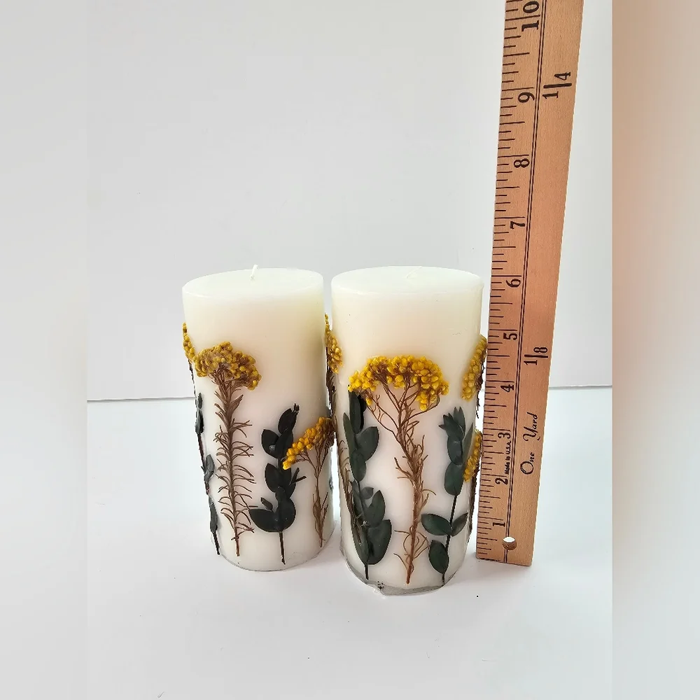 Pressed Floral Botanical Pillar Candles Set of 2